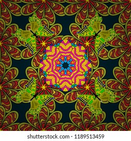 Vector gift voucher template with mandala ornament on a yellow, black and blue colors.