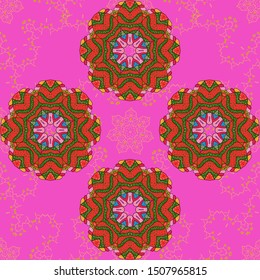 Vector gift voucher template with mandala ornament on a pink, green and red colors.