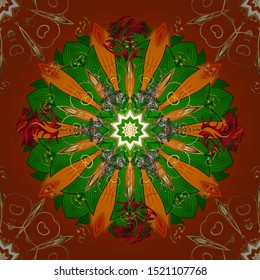Vector gift voucher template with mandala ornament on a beige, green and orange colors.