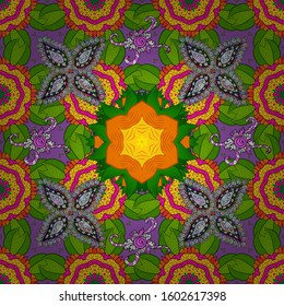 Vector gift voucher template with mandala ornament on a magenta, green and yellow colors.