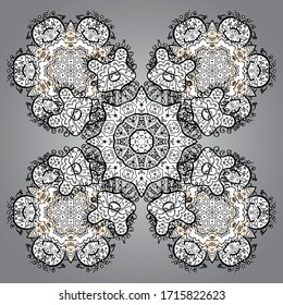 Vector gift voucher template with mandala ornament on a gray, black and white colors.