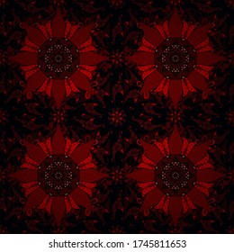 Vector gift voucher template with mandala ornament on a black, brown and red colors.