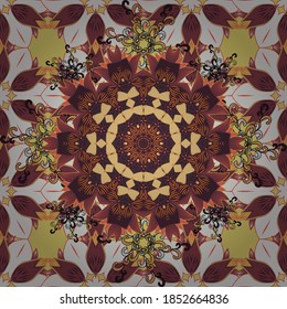 Plantilla de vectores de vales de regalo con ornamento de mandala en colores marrón, rojo y blanco.