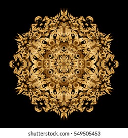 Vector gift voucher template with mandala ornament in gold color on a black background.