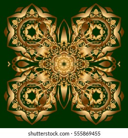 Vector gift voucher template with mandala ornament in gold color on a green background.