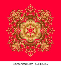 Vector gift voucher template with mandala ornament in gold color on a red background.