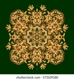 Vector gift voucher template with mandala ornament in gold color on a green background.