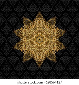 Vector gift voucher template with mandala ornament in gold color on a black background.