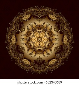 Vector gift voucher template with mandala ornament in gold color on a brown background.