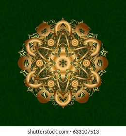 Vector gift voucher template with mandala ornament in gold color on a green background.