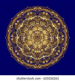 Vector gift voucher template with mandala ornament in gold color on a blue background.