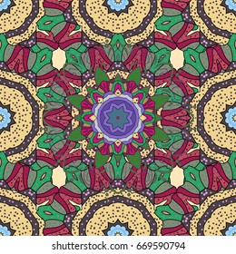 Vector gift voucher template with mandala ornament on a colorfil background.