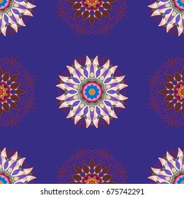 Vector gift voucher template with mandala ornament on a colorful background.