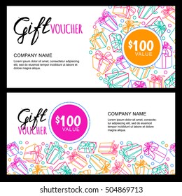 Vector gift voucher template with outline multicolor gift box, ribbons and calligraphy. Christmas or New Year holidays cards. Design concept for gift coupon, invitation, certificate, flyer, banner.