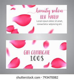 Vector gift voucher template with rose petals. business floral card template. Concept for boutique, jewelry, floral shop, beauty salon, spa, fashion, flyer.