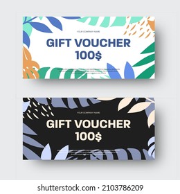 Vector gift voucher template with tropical leaves, violet, green, orange exotic twigs, illustration with abstract elements. Set of covers, greeting card, certificate on white, black background. EPS10