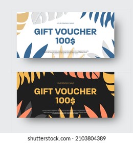 Vector gift voucher template with tropical leaves, twigs, blue and yellow inserts for the brand, on white, black background. Set of covers, greeting card, shop certificate. EPS10