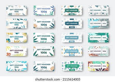 Vektor Geschenkgutscheine Vorlage mit tropischen Blättern, Palmen, abstrakten Elementen. Auf weißem Hintergrund mit farbigen exotischen Manstern. Grußkarte, Zertifikat mit Muster. Kreative Illustration