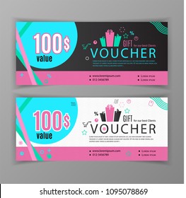 Vector gift voucher template. Universal flyer for business. Pink blue black white design elements. Clean design for stores, pharmacies, medicine, cosmetics. Abstract vector background