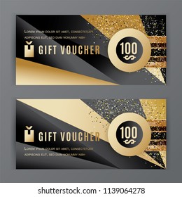 Vector gift voucher template. Universal flyer black gold design elements. Gift voucher value 100 dollars for department stores, business. Abstract trianlge background.