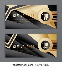 Vector gift voucher template. Universal flyer black gold design elements. Gift voucher value 100 dollars for department stores, business. Abstract trianlge background.