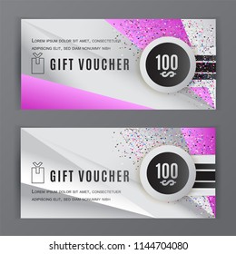 Vector gift voucher template. Universal flyer grey pink design elements. Gift voucher value 100 dollars for department stores, business. Abstract trianlge background.