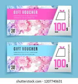 Vector gift voucher template. Universal flyer for business. Pink blue white flowers. Peony mosaic Abstract shapes for department srories, cosmetics, clothes, perfume. Abstract background.