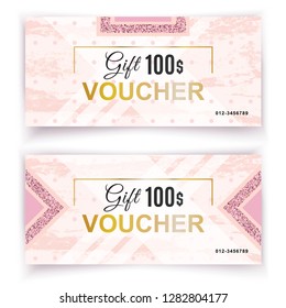 Vector gift voucher template. Universal flyer for business. luxury white pink marble with gold leaves for department cosmetic, parfume, stores, business. 100 dollars