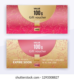Vector gift voucher template. Universal flyer for business. luxury red gold design for department stores, business. 100 dollars