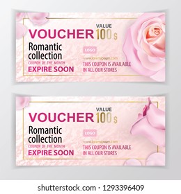 Vector gift voucher template. Universal flyer for business. luxury pink marble with pink roses for department cosmetic, parfume, stores, business. 100 dollars