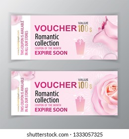 Vector gift voucher template. Universal flyer for business. luxury pink marble with pink roses for department cosmetic, parfume, stores, business. 100 dollars