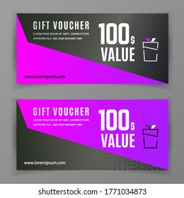 Vector gift voucher template. Universal flyer for business. Black violet design with handmade pattern. For department stories, clothes. technology.