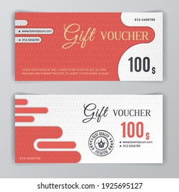 Vector Gift Voucher Template. Universal Flyer For Business. Luxury Red White Vector Design For Department Stores, Business. Value 100 Dollars.