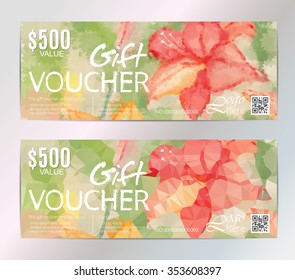 Vector gift voucher template with watercolor flowers. Business floral card template. Abstract background. Concept for boutique, jewelry, floral shop, beauty salon, spa, fashion, flyer, banner design.