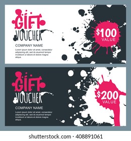Vector gift voucher template with watercolor splashes background. Holiday cards or banners. Design concept for gift coupon, invitation, certificate, flyer, ticket. Black, white, pink watercolor blots.
