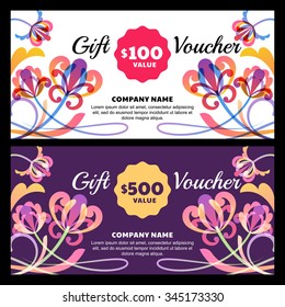Vector gift voucher with tropic flowers. Business card template. Abstract background for gift card. Concept for flyer, banner, birthday card, beauty salon, spa, natural organic cosmetics, floral shop.