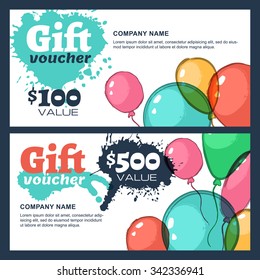 Vector gift voucher with watercolor air balloons. Business card design  template. Abstract colorful background for gift card. Concept for flyer, banner design, event agency, celebration party.