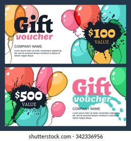 Vector gift voucher with watercolor air balloons. Business card design  template. Abstract colorful background for gift card. Concept for flyer, banner design, event agency, celebration party.