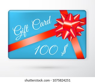 Vector gift vouchers with bow red ribbons, and blue backgrounds. Creative holiday cards or banners. Design concept for gift coupon, invitation, certificate, flyer, ticket.