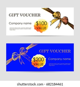 Vector gift vouchers with bow ribbons, white and blue backgrounds. Creative holiday cards or banners. Design concept for gift coupon, invitation, certificate, flyer, ticket. stock vector