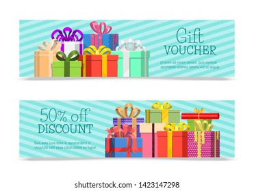 Vector gift vouchers with box bow ribbons creative holiday cards or banners. Design concept for gift coupon, invitation, certificate, flyer, purchase ticket. Special discount present paper.