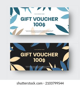 Vector gift vouchers, certificate with illustration, modern stylish design, tropical leaves. Cover for shop advertising, with exotic twigs in blue, nude color on a white, black background. Set