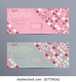 Vector gift vouchers with random colored hearts. Great for Valentine's Day sales. Coupon cards. Flyers template.