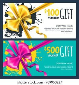 Vector gift vouchers with realistic pink and yellow gold bow ribbon. Fashion holiday cards or banners. Design layout for gift coupon, invitation, certificate, flyer, ticket.