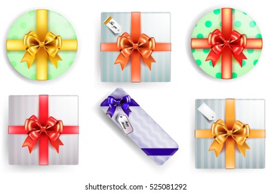 Vector gift wrapping collection. Boxes for gifts with beautiful colored ribbons.