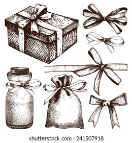 Vector Gift Wrapping Collection. Ink Hand Drawn Gift Bows And Box Set.