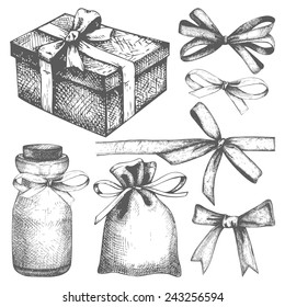 Vector gift wrapping collection. Ink hand drawn gift bows and box set.