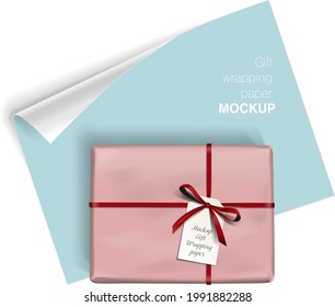 Vector gift wrapping paper rolls mock up and box with bow on light background. Template for your design with transparent shadows