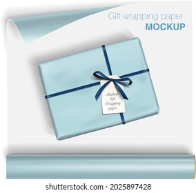 Vector gift wrapping paper rolls mock up and box with bow on light background. Template for your design with transparent shadows