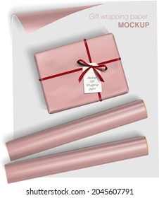 Vector gift wrapping paper rolls mock up and box with bow on light background. Template for your design with transparent shadows. 